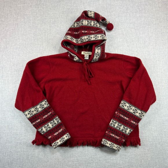 VTG 90s Eddie Bauer Lambswool Hooded Sweater Women L Red Nordic Pom Apres Ski